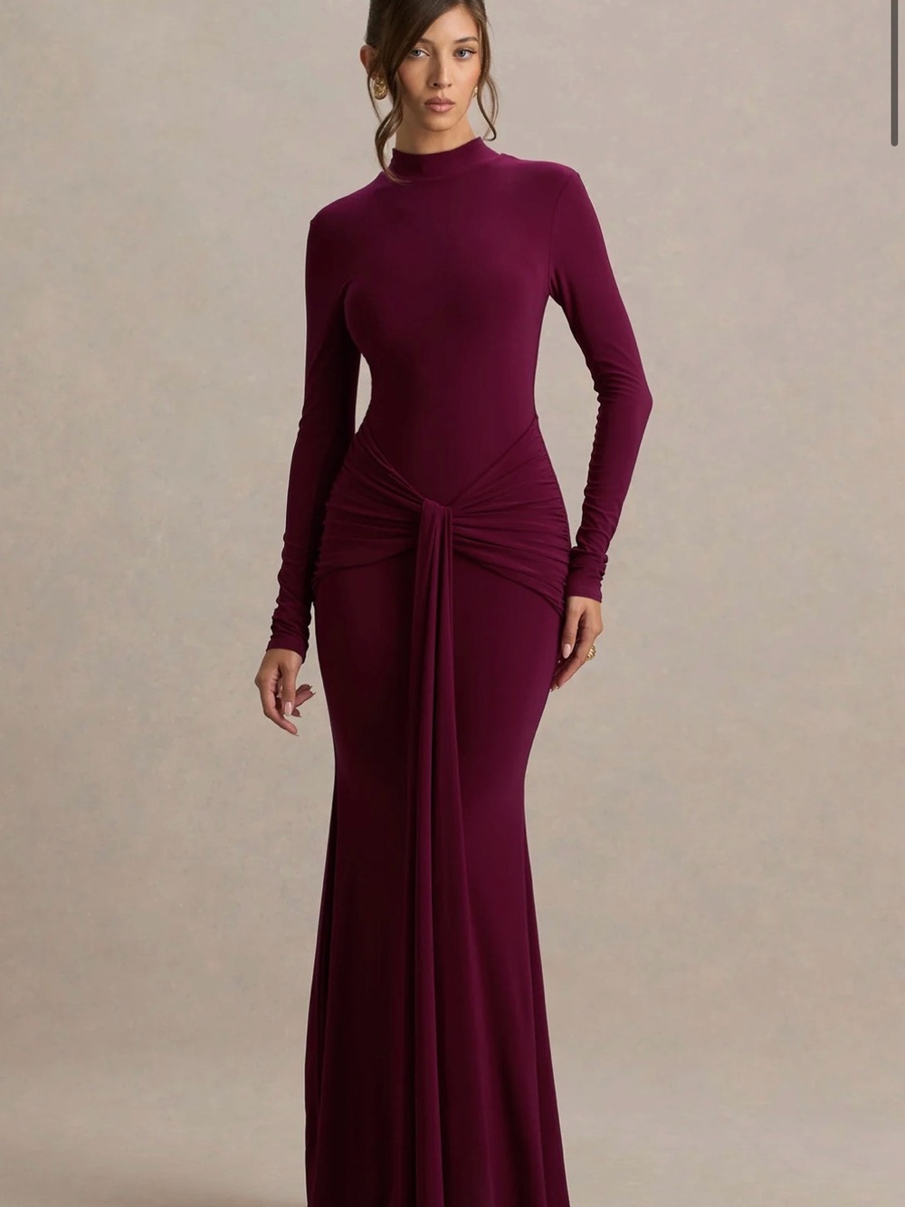 Club L London Pietra High-Neck Long Sleeve Knot Maxi Dress
